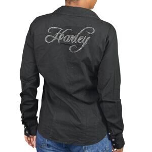 Harley Davidson Zip Shirt Black Motorcycle Crystals Rhinestone Bedazzled Large